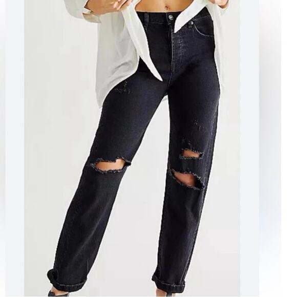Free People Bren High Rise Cuffed Distressed Boyfriend Jeans 27 HAND PAINTED - Picture 5 of 16